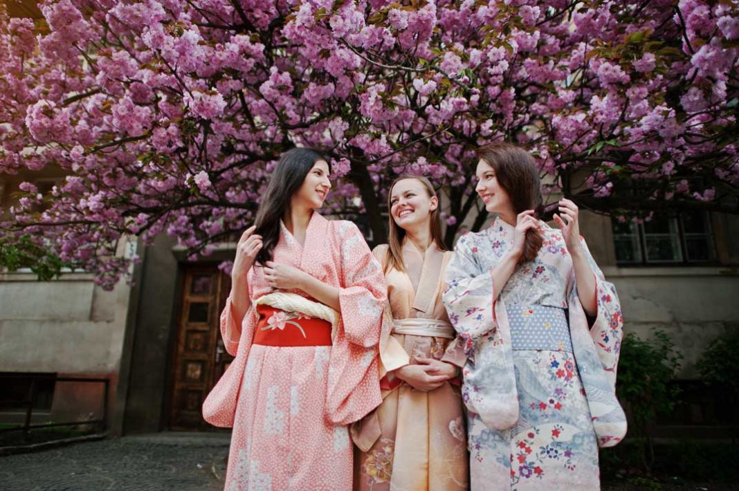 three european girls wearing traditional japanese kimono - California Pretty Magazine
