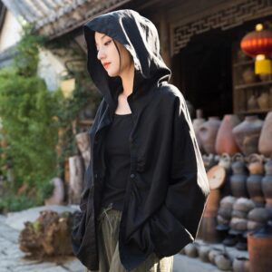 women Retro Linen Sand Washed Loose White Hooded Blouses 